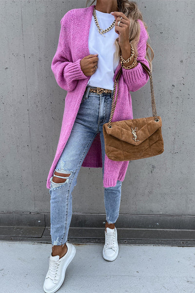 Einfarbiger Midi-Cardigan mit Langen Ärmeln und V-Ausschnitt – Oversize-Look