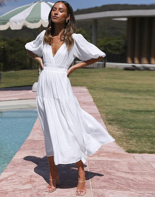 Lea - Damen Sommer advanced-sense Ferienkleider mit tiefem V-Ausschnitt und Puffärmeln