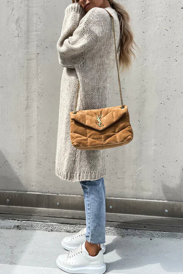 Einfarbiger Midi-Cardigan mit Langen Ärmeln und V-Ausschnitt – Oversize-Look