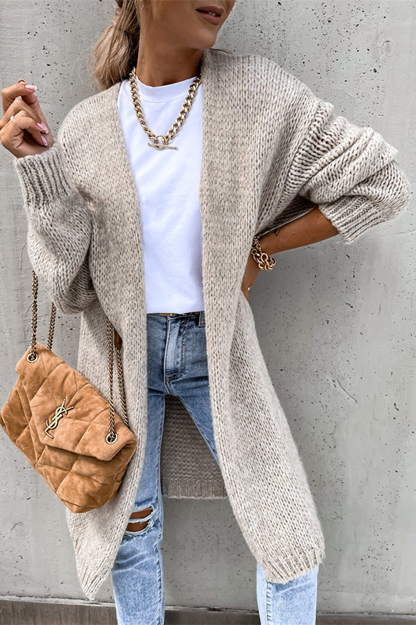 Einfarbiger Midi-Cardigan mit Langen Ärmeln und V-Ausschnitt – Oversize-Look