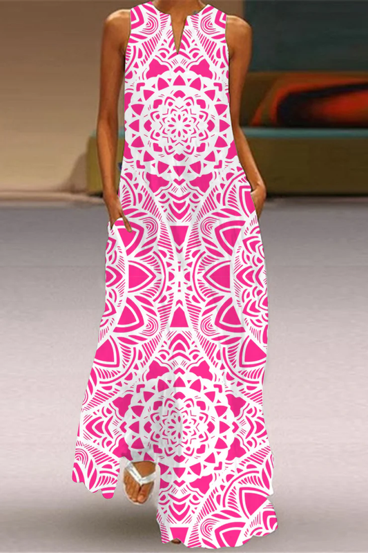 Patricia - Bohème ärmelloses Vintage Maxikleid in Weiß auf Rosa