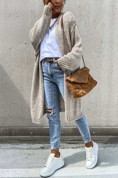 Einfarbiger Midi-Cardigan mit Langen Ärmeln und V-Ausschnitt – Oversize-Look