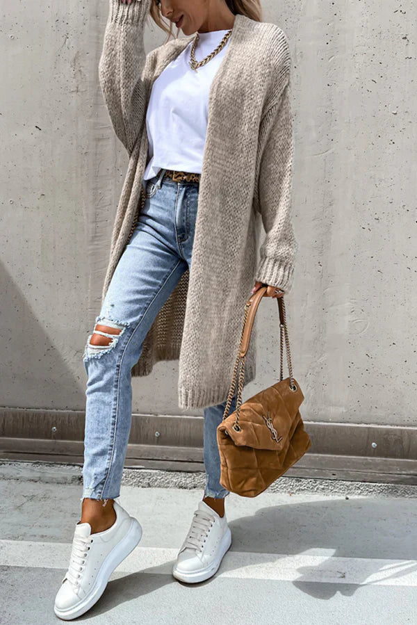 Einfarbiger Midi-Cardigan mit Langen Ärmeln und V-Ausschnitt – Oversize-Look