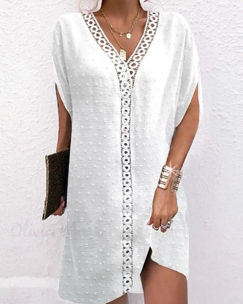 Olivia - Damen-Kleid mit V-Ausschnitt, Spitzen-Patchwork und halben Ärmeln - lässiger Stil